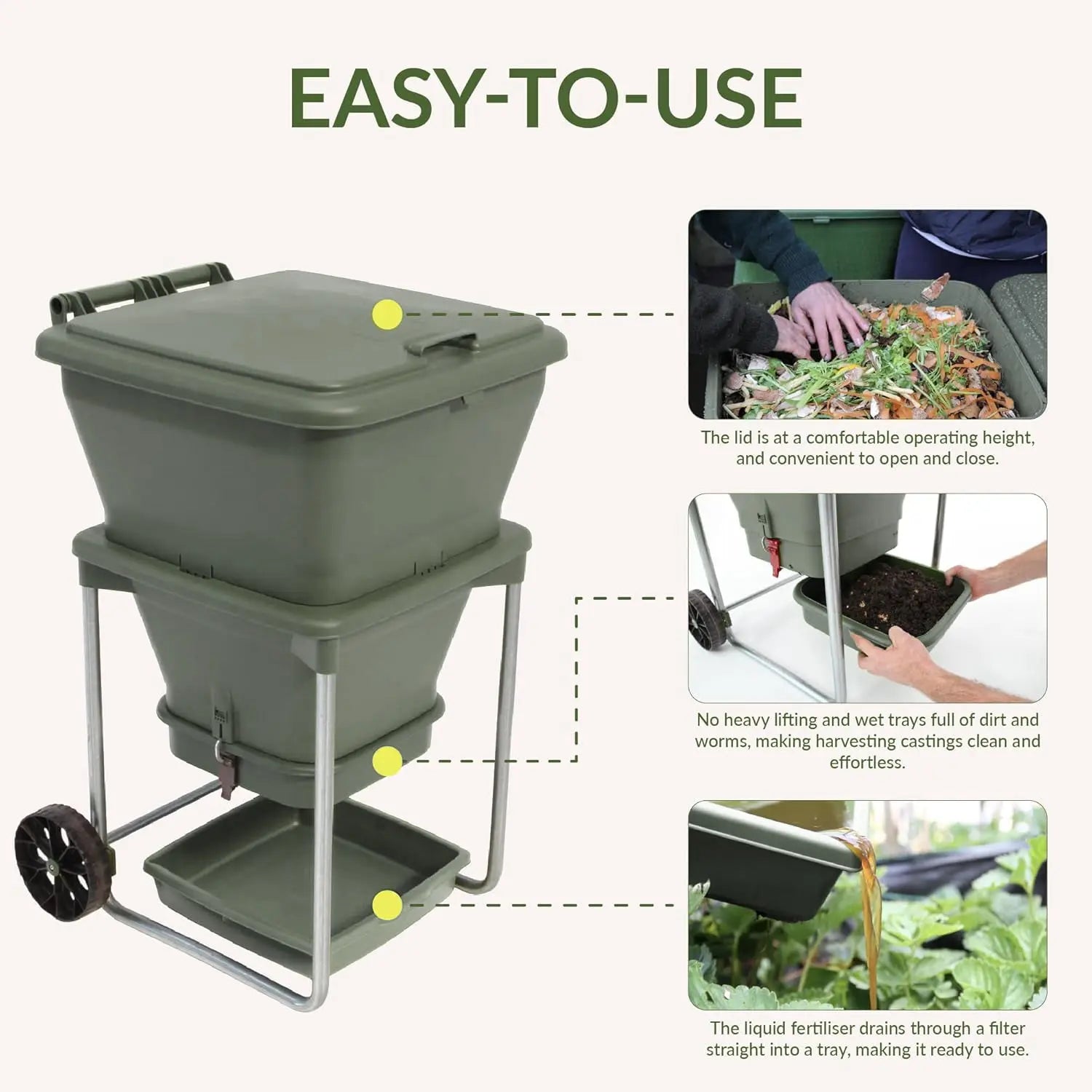 The Hungry Bin Continuous Flow Worm Farm, shown in green with two tiers, lid, and wheels, makes home composting easy—add food scraps, empty worm trays, and collect nutrient-rich fertilizer from the tray below.