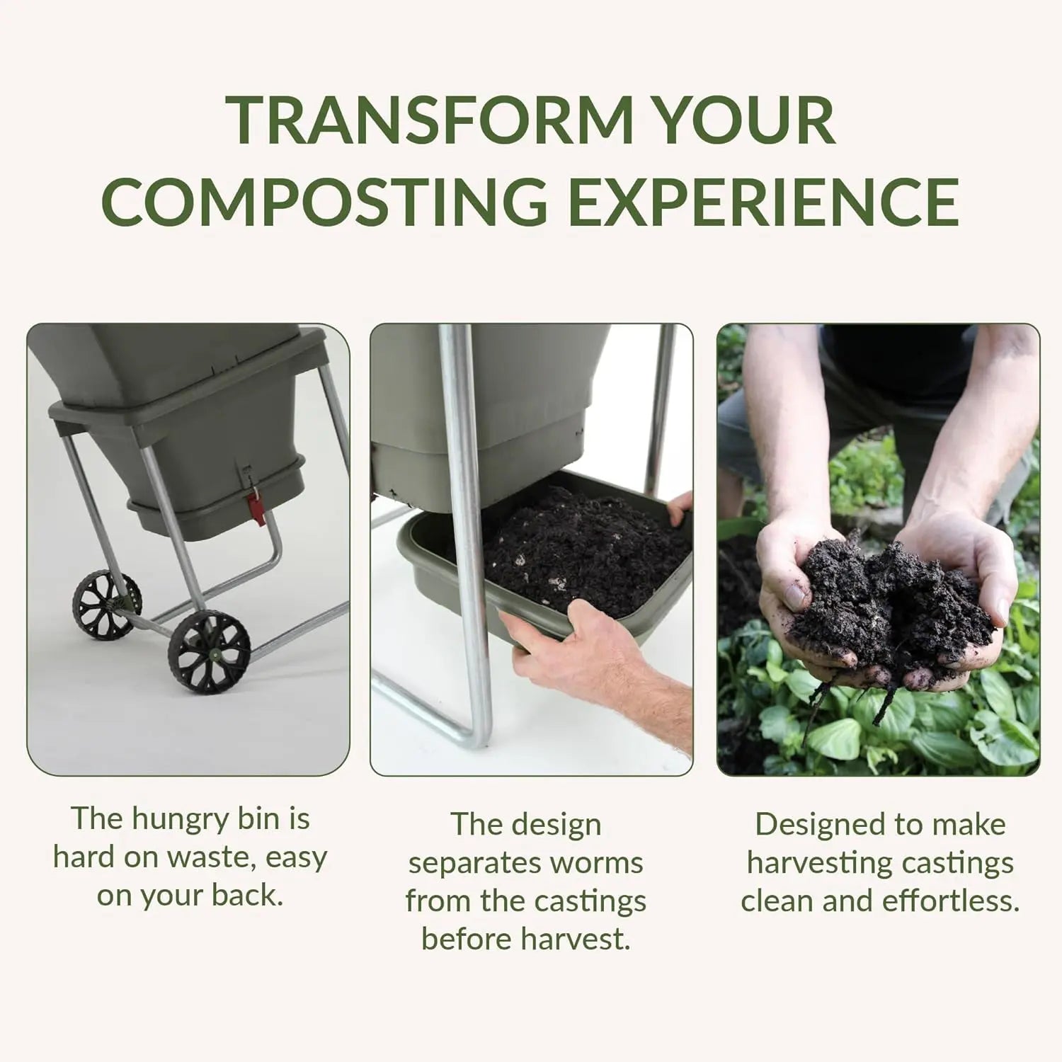 Three images show the Hungry Bin Continuous Flow Worm Farm on wheels, a person removing its compost tray, and hands holding rich compost—demonstrating easy home composting that yields nutrient-rich fertilizer and makes harvesting simple.