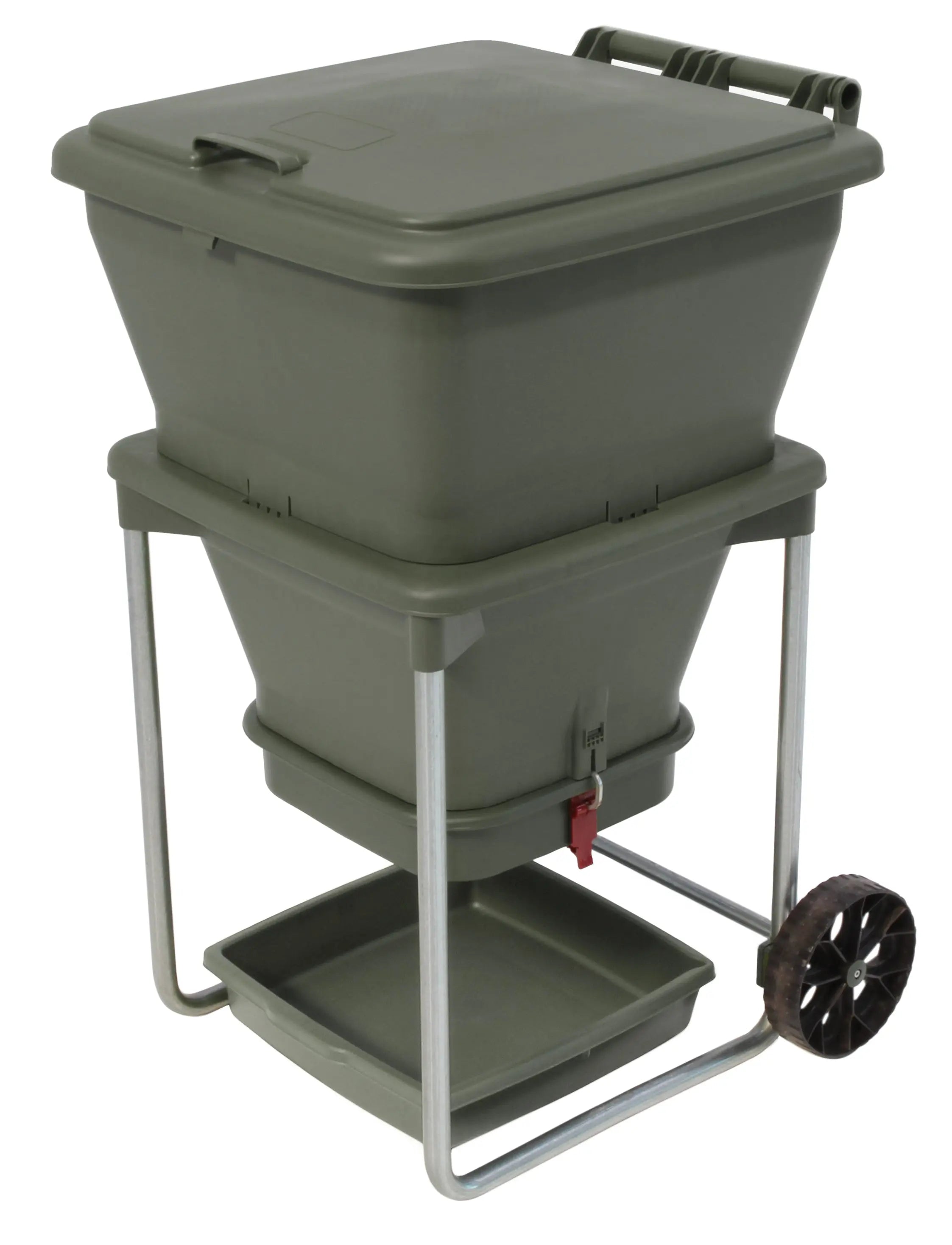 The Hungry Bin Continuous Flow Worm Farm is a green plastic compost bin with a lid, set on a metal frame with wheels. Ideal for home composting, it features a bottom spigot and collection tray for nutrient-rich liquid fertilizer.