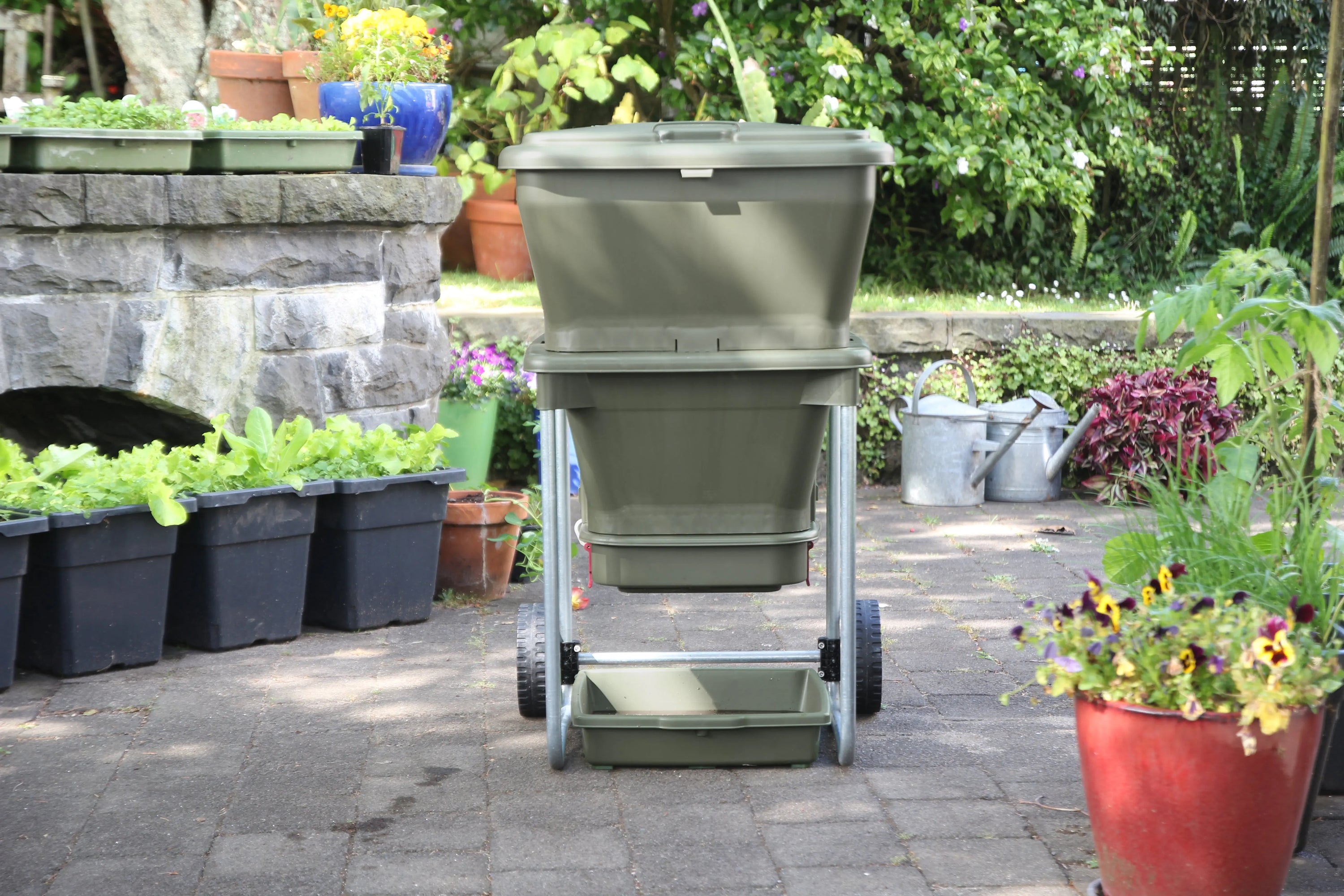 The Hungry Bin Continuous Flow Worm Farm sits on a paved patio among potted plants, making home composting easy and efficient for creating nutrient-rich fertilizer for your garden.