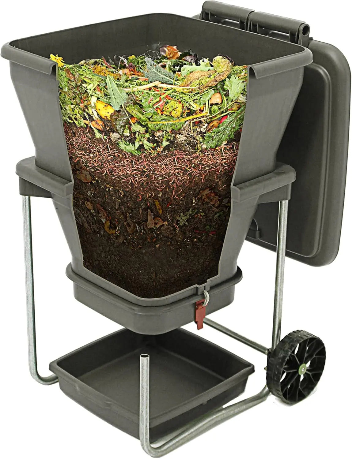 A cross-section of the Hungry Bin Continuous Flow Worm Farm shows layers of food scraps, compost, and worms—ideal for home composting and fertilizer creation. This bin features a lid, bottom spout, wheels, and an undertray for easy collection.