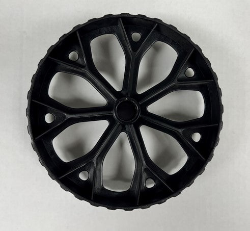 The Hungry Bin Replacement Wheel is a black, circular plastic wheel with eight spokes and six evenly spaced holes, designed as a replacement part for Hungry Bin. Photographed on a plain white background.
