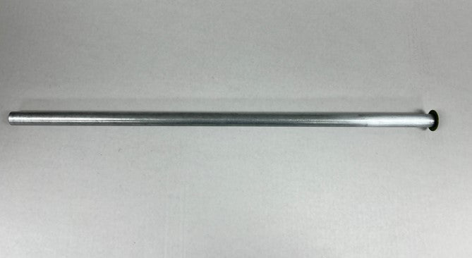 The Hungry Bin Replacement Axle, a durable metal rod with a flange on one end, is shown lying horizontally on a plain, light-colored surface.